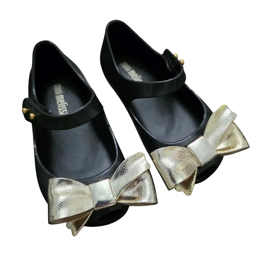 Mini Melissa Mary Jane Black Gold Bow Flat Size 6
